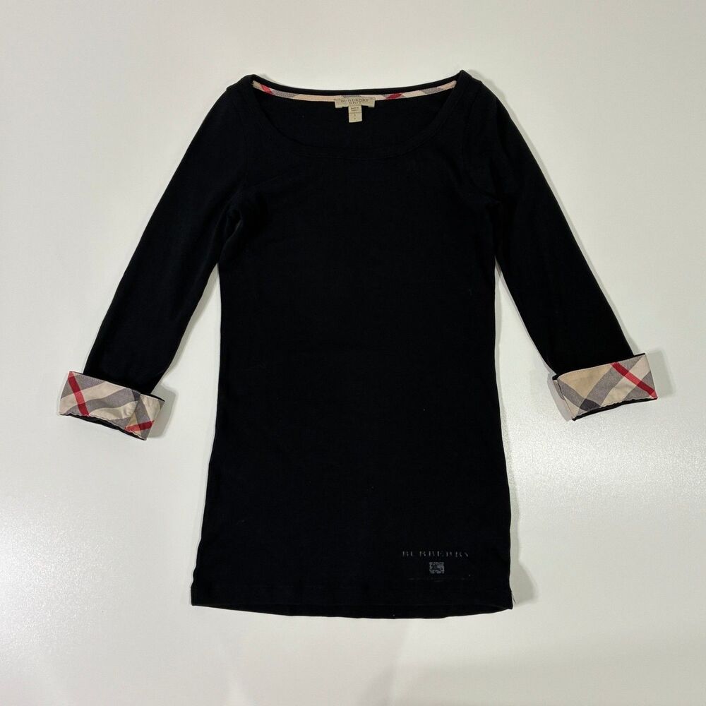 Burberry Brit Black 3/4 Sleeve Top Nova Check Cuffs & Collar Trim Size S
